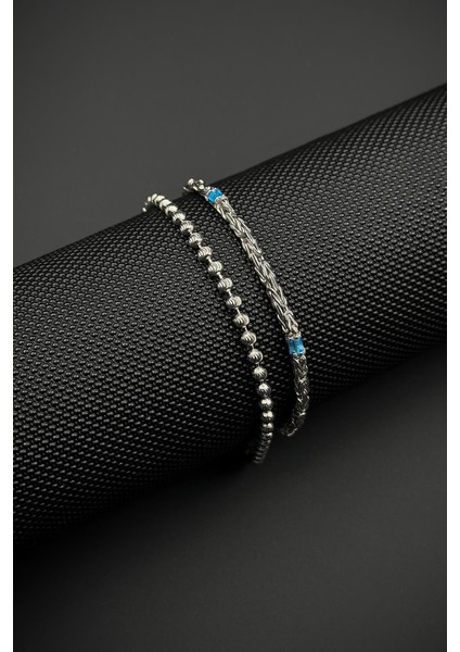 925 Ayar Gümüş Italyan Model Mavi Renk Zirkon Taşlı Gümüş Renk Erkek Bileklik Set FRJ12601-3601-M fiyatları