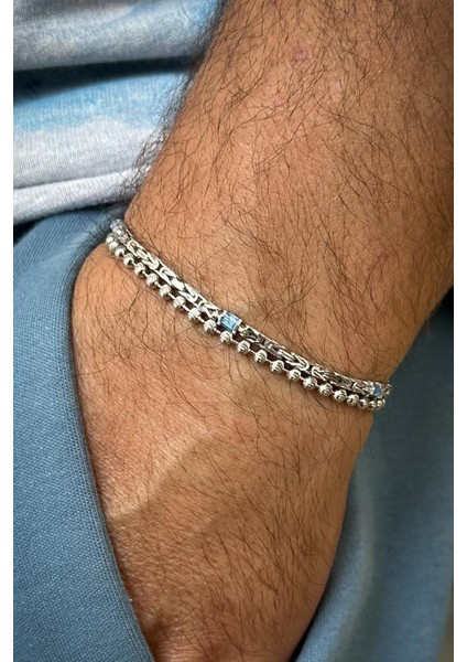 925 Ayar Gümüş Italyan Model Mavi Renk Zirkon Taşlı Gümüş Renk Erkek Bileklik Set FRJ12601-3601-M modelleri