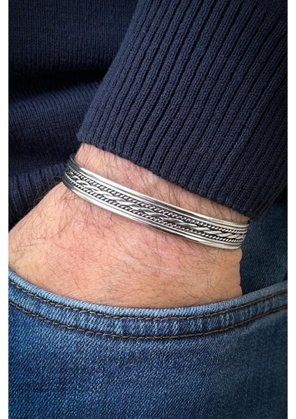 925 Ayar Gümüş Italyan Model Gümüş Renk Erkek Kelepçe Bileklik FRJ12554-3554-A7 fiyatları