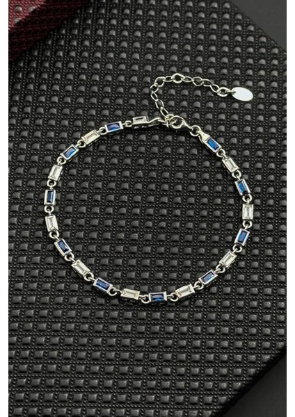 925 Ayar Gümüş Lacivert-Beyaz Zirkon Taşlı Gümüş Renk Erkek Bileklik FRJ12718-3718-LA