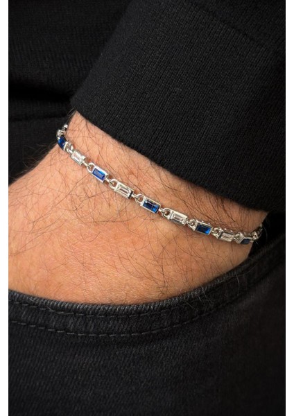 925 Ayar Gümüş Lacivert-Beyaz Zirkon Taşlı Gümüş Renk Erkek Bileklik FRJ12718-3718-LA fiyatları