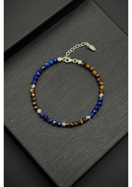 925 Ayar Gümüş ve Lapis Lazuli/kaplan Gözü Doğal Taşlı Çok Renkli Erkek Bileklik FRJ12334-3334-LK