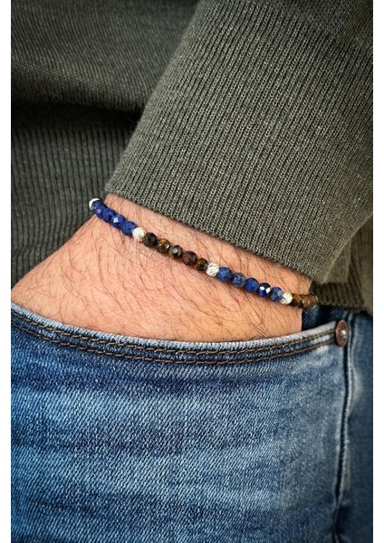 925 Ayar Gümüş ve Lapis Lazuli/kaplan Gözü Doğal Taşlı Çok Renkli Erkek Bileklik FRJ12334-3334-LK fiyatları