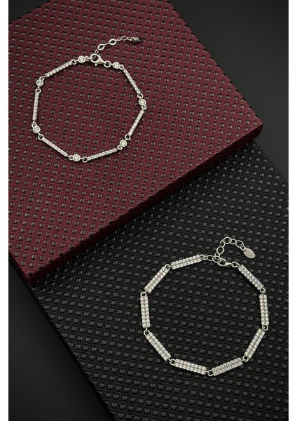 925 Ayar Gümüş Beyaz Zirkon Taşlı Erkek/kadın Bileklik Set FRJ12597-3597-B