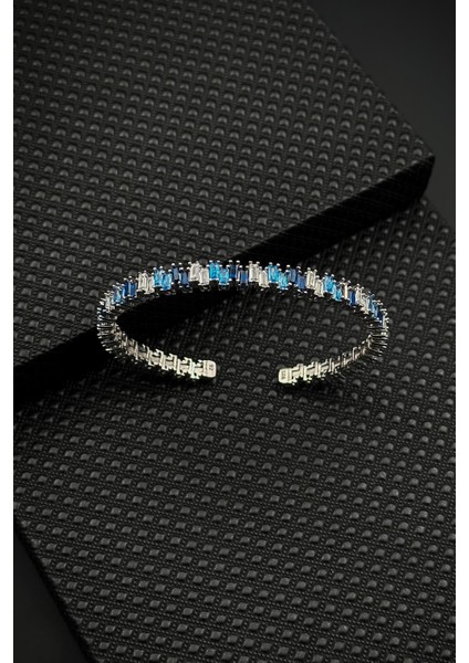 925 Ayar Gümüş Turkuaz-Lacivert Zirkon Taşlı Gümüş Renkli Erkek Bileklik FRJ12625-3625-LM fırsatları