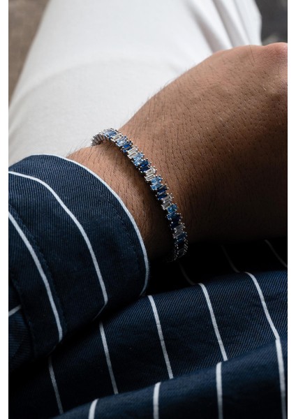 925 Ayar Gümüş Turkuaz-Lacivert Zirkon Taşlı Gümüş Renkli Erkek Bileklik FRJ12625-3625-LM indirimleri