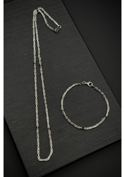 925 Ayar Gümüş Italyan Model Siyah Zirkon Taşlı Gümüş Renk Erkek Bileklik Set FRJ12365-3365-S