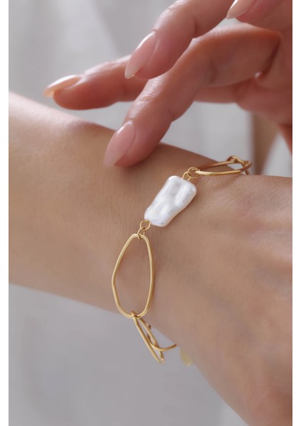 Altın Kaplama Barok Inci Detaylı Çelik Kadın Bileklik