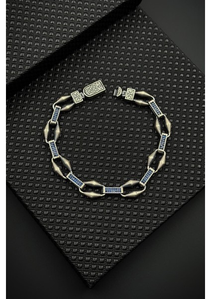 925 Ayar Gümüş Lacivert Zirkon Taşlı Gümüş Renk Erkek Bileklik FRJ12648-3648-L