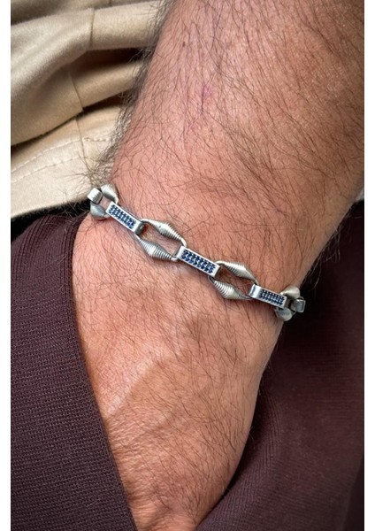 925 Ayar Gümüş Lacivert Zirkon Taşlı Gümüş Renk Erkek Bileklik FRJ12648-3648-L fiyatları