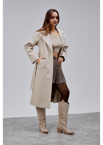 Bej Premium Oversize Kemerli Kaşe Kaban