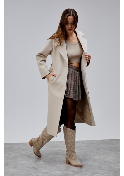 Bej Premium Oversize Kemerli Kaşe Kaban fiyatları