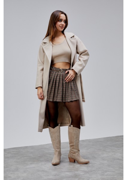 Bej Premium Oversize Kemerli Kaşe Kaban modelleri