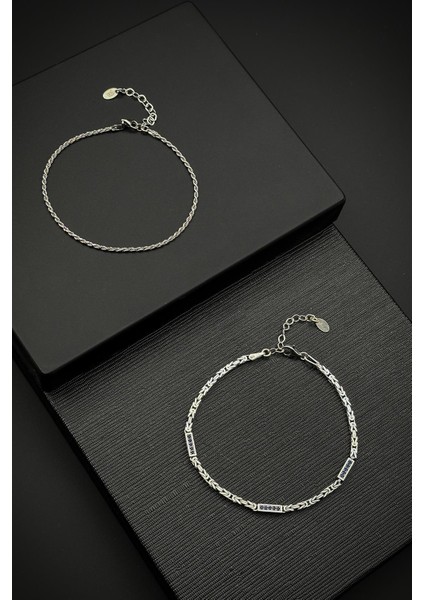 925 Ayar Gümüş Italyan Model Lacivert Zirkon Taşlı Erkek Bileklik Set FRJ12470-3470-AL