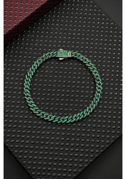 925 Ayar Gümüş Yeşil Zirkon Taşlı Gümüş Renk Erkek Bileklik FRJ12683-3683-Y