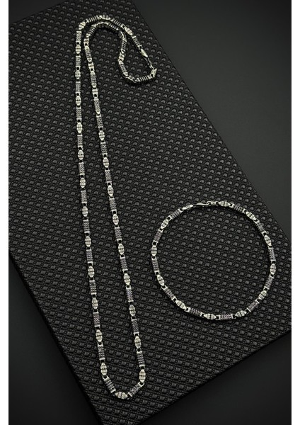 925 Ayar Gümüş Italyan Model Siyah Zirkon Taşlı Gümüş Renk Erkek Bileklik/kolye Set FRJ12532-3532-S