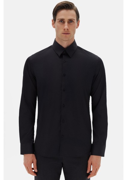 Slim Fit Siyah Düz Gömlek