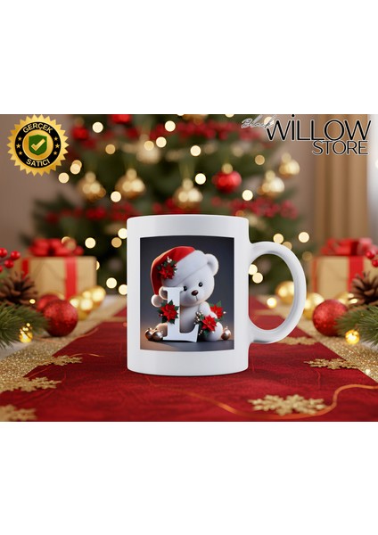 Noel Ayıcık Temalı L Harfi Porselen Kupa Bardak,hediyelik,yılbaşı,isim Temalı,merry Christmas
