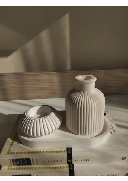 3’lü Dekoratif Taş Tozu Seti – Modern Çizgili Vazo, Ribbed Kase ve Oval Dekor Tepsi, Ev Ofis fiyatları