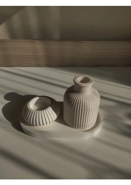 3’lü Dekoratif Taş Tozu Seti – Modern Çizgili Vazo, Ribbed Kase ve Oval Dekor Tepsi, Ev Ofis fırsatları