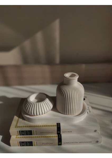 3’lü Dekoratif Taş Tozu Seti – Modern Çizgili Vazo, Ribbed Kase ve Oval Dekor Tepsi, Ev Ofis indirimleri