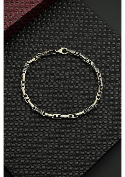 925 Ayar Gümüş Siyah Zirkon Taşlı Gümüş Renk Erkek Bileklik FRJ12671-3671-A