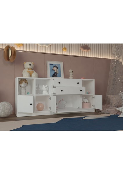 Modüler Açık Raf + Çekmece + Kapaklı Ünitem – Oyuncak ve Bebek Dolabı, BEYAZ-NRG-OBA-1002