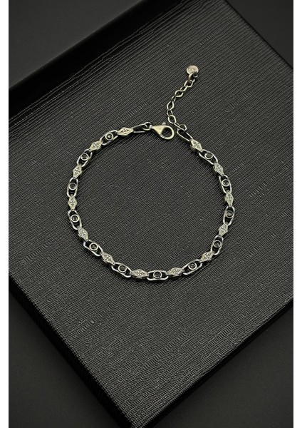 925 Ayar Gümüş Italyan Model Zirkon Taşlı Gümüş-Siyah Renk Erkek Bileklik FRJ12225-3225-S