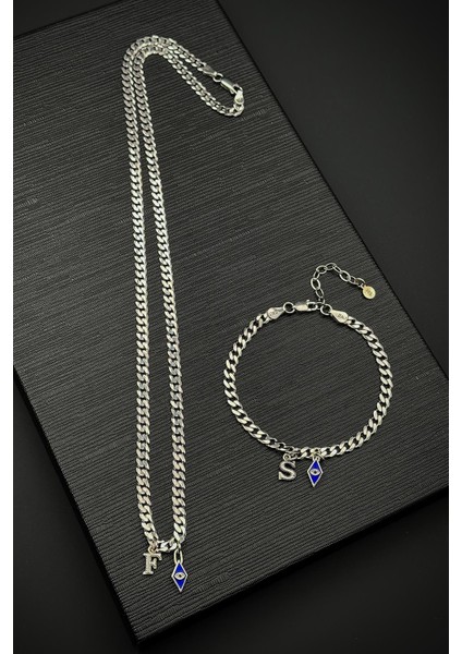 925 Ayar Gümüş Italyan Model Nazar Boncuk ve Harfli Erkek Bileklik/kolye Set FRJ12477-3477-AL