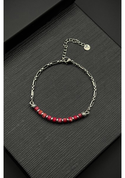 316L Çelik ve Varisit Doğal Taşlı Kırmızı Renk Erkek Bileklik FRJ12511-3511-K2