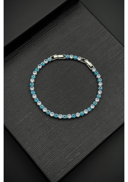 Nazar Figürlü Zirkon Taşlı Turkuaz-Beyaz Renk Tennis Erkek Bileklik FRJ12512-3512-MA