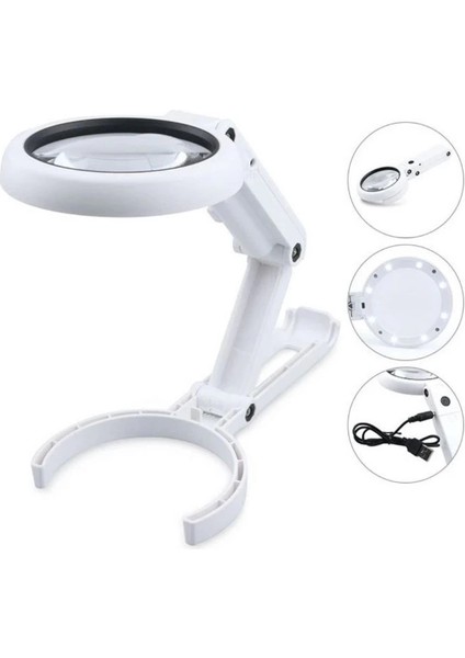 USB Şarj Edilebilir Katlanabilir 3.510X Büyüteç 8 Ledli Masa ve Eliçin Taşınabilir Büyüte