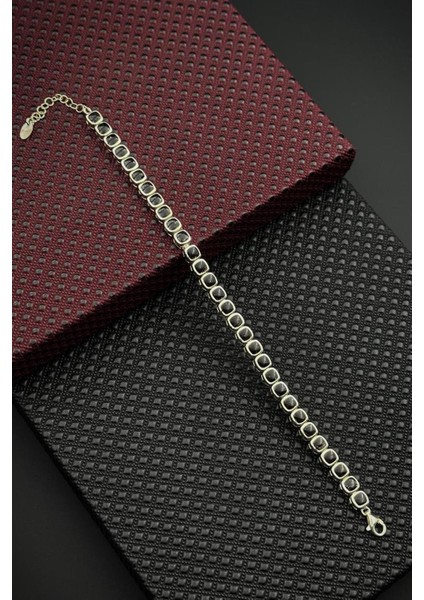 925 Ayar Gümüş Siyah Doğal Taşlı Gümüş Renk Erkek Bileklik FRJ12678-3678-S