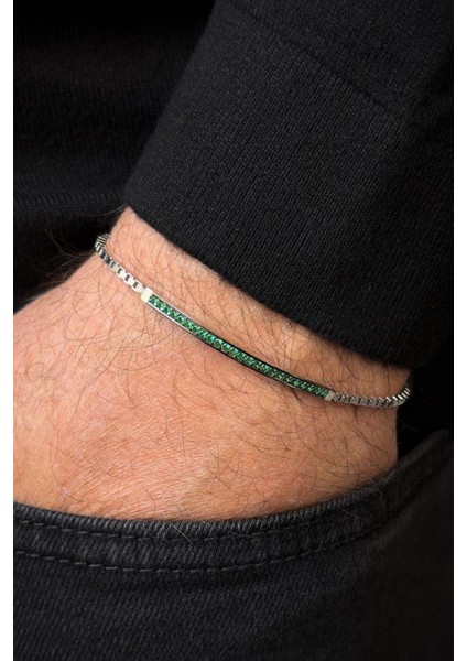 925 Ayar Gümüş Yeşil Zirkon Taşlı Gümüş Renk Erkek Bileklik FRJ12652-3652-Y modelleri
