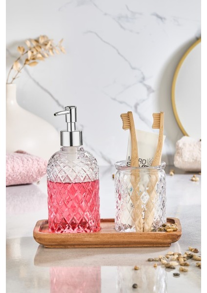 Paku Cam Sıvı Sabunluk, Diş Fırçalık ve Ahşap Stand - 3 Parça Banyo Seti