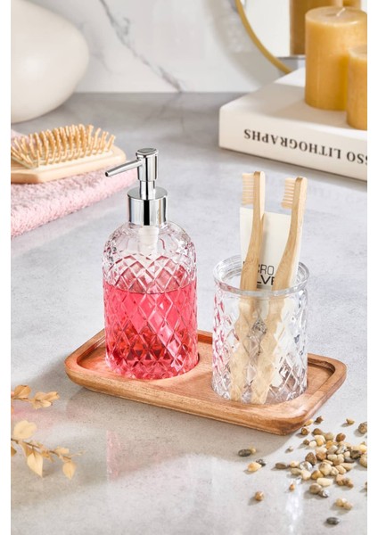 Paku Cam Sıvı Sabunluk, Diş Fırçalık ve Ahşap Stand - 3 Parça Banyo Seti fiyatları