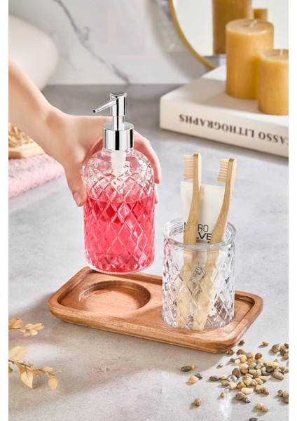 Paku Cam Sıvı Sabunluk, Diş Fırçalık ve Ahşap Stand - 3 Parça Banyo Seti modelleri