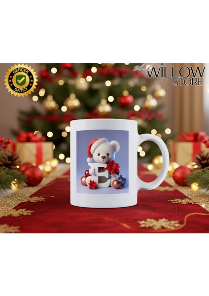 Noel Ayıcık Temalı E Harfi Porselen Kupa Bardak,hediyelik,yılbaşı,isim Temalı,merry Christmas