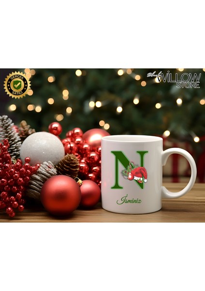 Noel Temalı N Harfi Porselen Kupa Bardak,hediyelik,yılbaşı,isim Temalı,merry Christmas