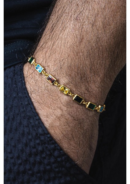 925 Ayar Gümüş Mix Zirkon Taşlı Altın Renk Erkek Bileklik FRJ12677-3677-CKG fiyatları