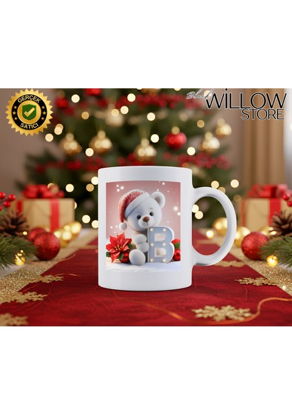 Noel Ayıcık Temalı B Harfi Porselen Kupa Bardak,hediyelik,yılbaşı,isim Temalı,merry Christmas