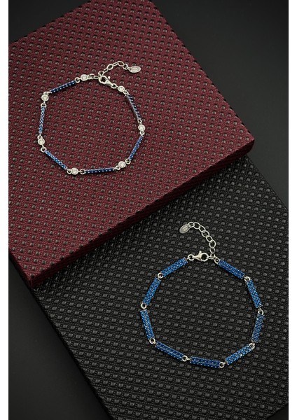 925 Ayar Gümüş Lacivert Zirkon Taşlı Erkek/kadın Bileklik Set FRJ12597-3597-L