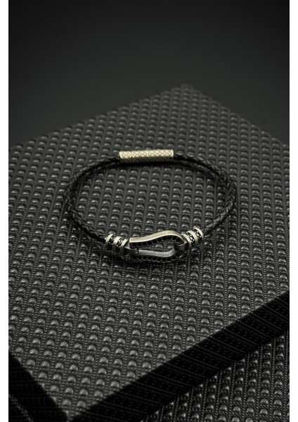 925 Ayar Gümüş ve Derili Zirkon Taşlı Siyah Renk Erkek Bileklik FRJ12621-3621-S fiyatları