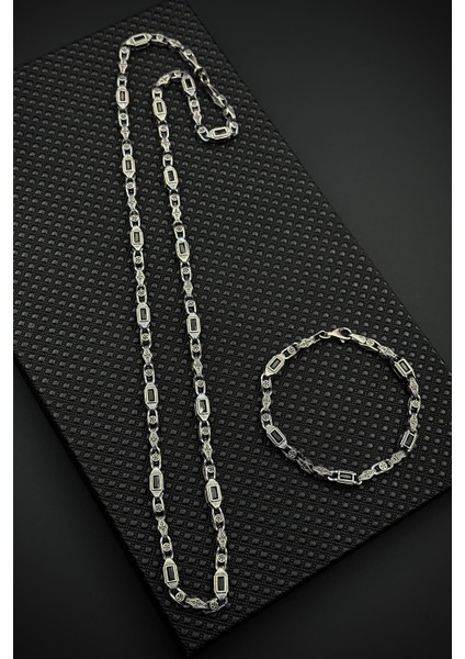 925 Ayar Gümüş Siyah Zirkon Taşlı Gümüş Renk Erkek Bileklik/kolye Set FRJ12657-3657-S