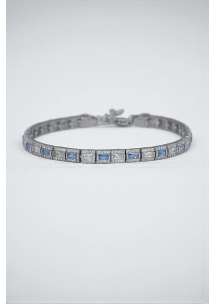 925 Ayar Gümüş Italyan Model Zirkon Taşlı Turkuaz-Beyaz Renkli Erkek Bileklik FRJ12181-3181-MA3