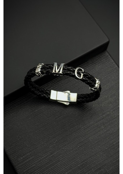 925 Ayar Gümüş Harfli Siyah Renk Deri Erkek Bileklik FRJ12453-3453-S