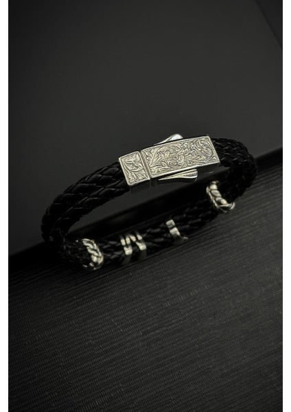 925 Ayar Gümüş Harfli Siyah Renk Deri Erkek Bileklik FRJ12453-3453-S fiyatları