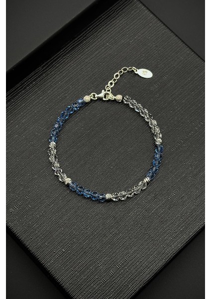 925 Ayar Gümüş ve Swarovski Taşlı Mavi-Beyaz Renk Erkek Bileklik FRJ12383-3383-MA
