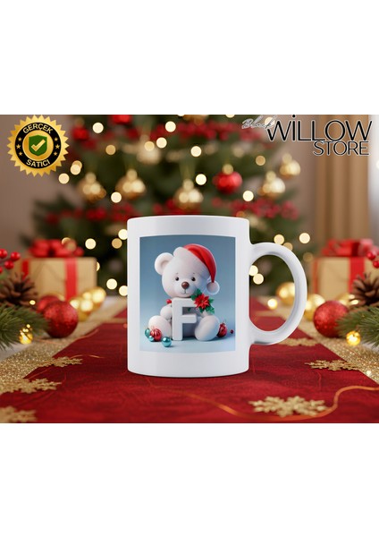 Noel Ayıcık Temalı F Harfi Porselen Kupa Bardak,hediyelik,yılbaşı,isim Temalı,merry Christmas