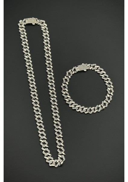925 Ayar Gümüş Beyaz Zirkon Taşlı Gümüş Renk Erkek Bileklik/kolye Set FRJ12659-3659-A